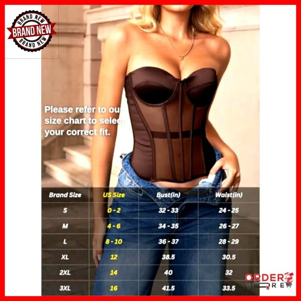 Strapless Sheer Mesh Corset Push Up Shapewear Lace Up Fit Satin Opaque Bra